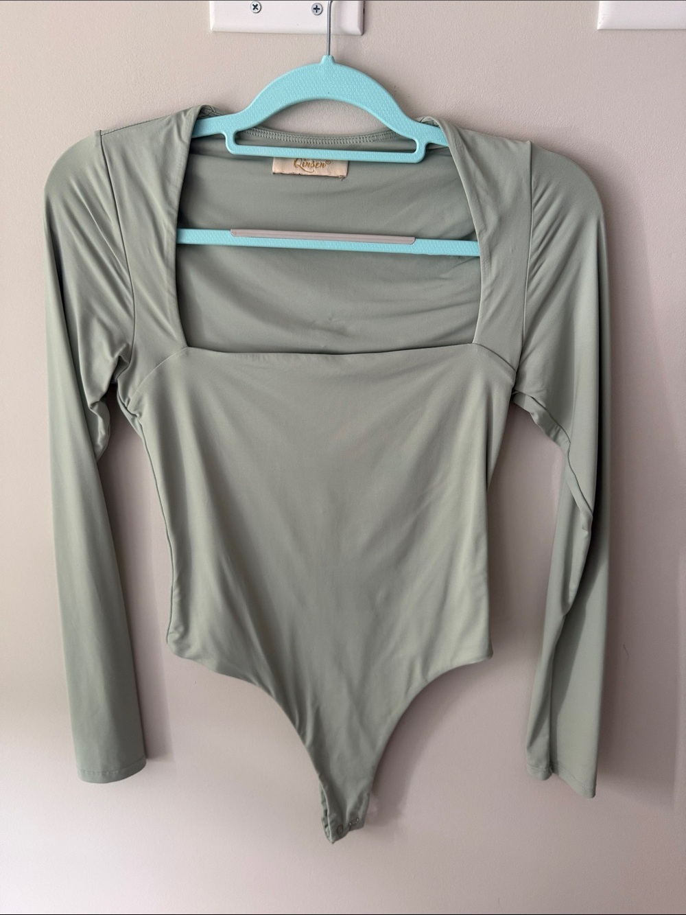 Square Neck Long-Sleeve Bodysuit in Sage Green